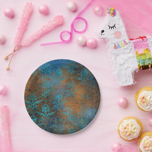 Boho Copper Blue Floral Damask Grunge Pappteller (Party)