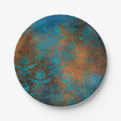 Boho Copper Blue Floral Damask Grunge Pappteller (Vorderseite)