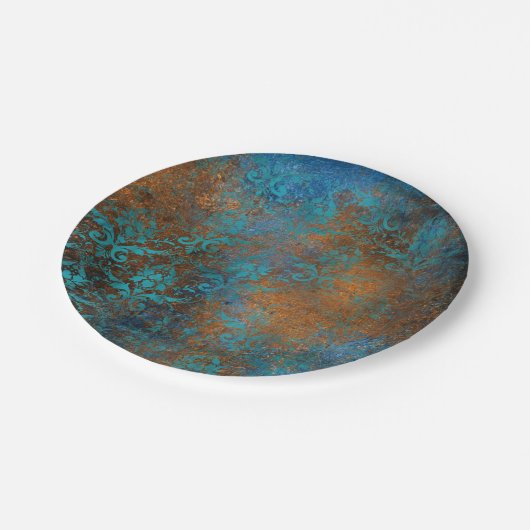 Boho Copper Blue Floral Damask Grunge Pappteller (Schrägansicht)