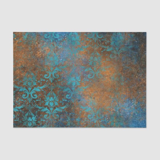 Boho Copper Blue Floral Damask Grunge Seidenpapier (Vorderseite)