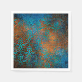 Boho Copper Blue Floral Damask Grunge Serviette