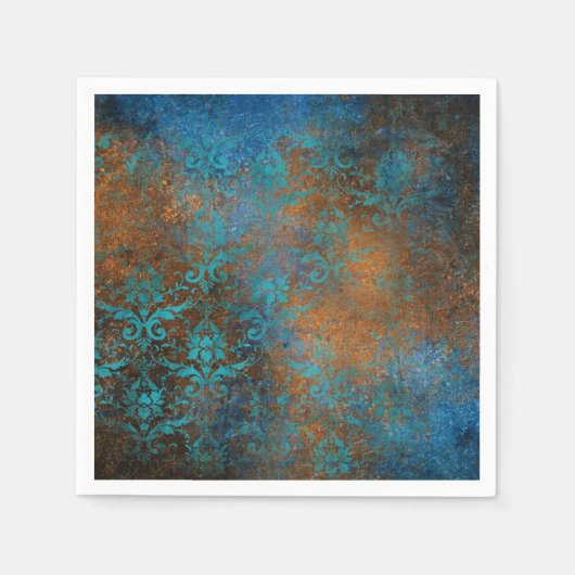 Boho Copper Blue Floral Damask Grunge Serviette (Vorderseite)