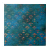 Boho Copper Blue Grunge Heraldic Floral Fliese (Vorderseite)