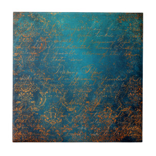 Boho Copper Blue Script Handwriting Grunge Fliese