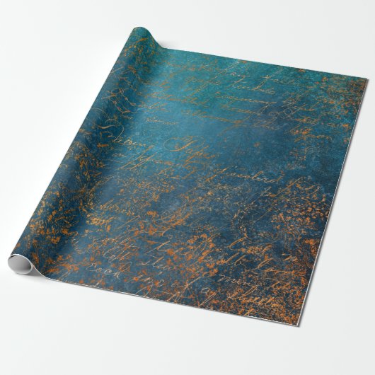 Boho Copper Blue Script Handwriting Grunge Geschenkpapier (Ungerollt)