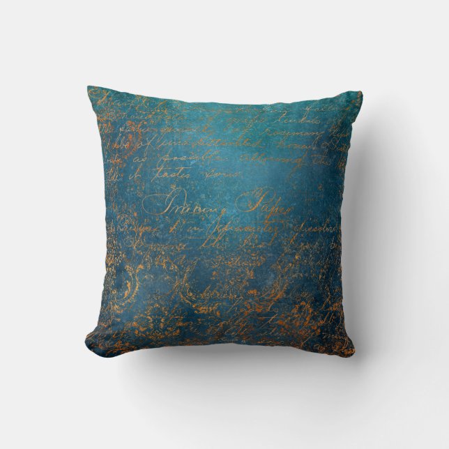 Boho Copper Blue Script Handwriting Grunge Kissen (Vorderseite)