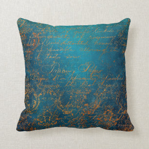 Boho Copper Blue Script Handwriting Grunge Kissen