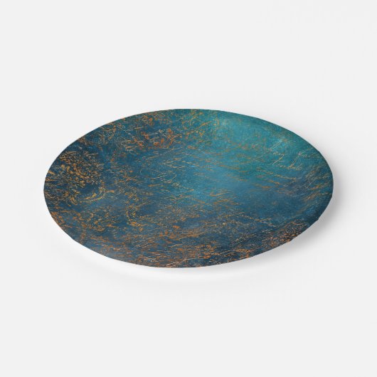 Boho Copper Blue Script Handwriting Grunge Pappteller (Schrägansicht)