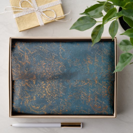Boho Copper Blue Script Handwriting Grunge Seidenpapier (Geschenk)