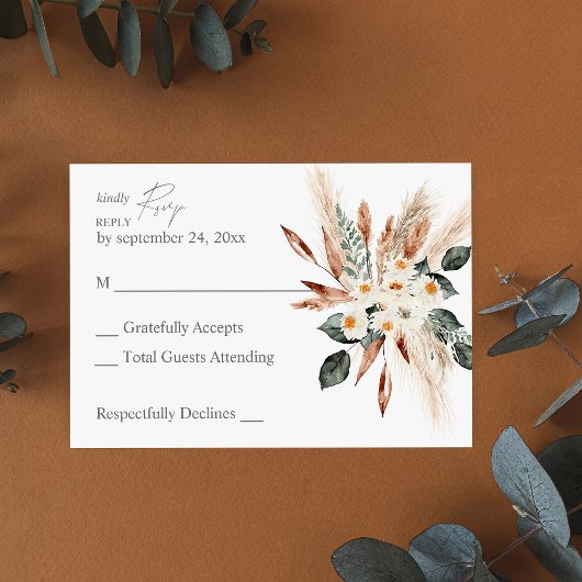 Boho Copper Leaf & Pampas & Beige Floral RSVP Karte