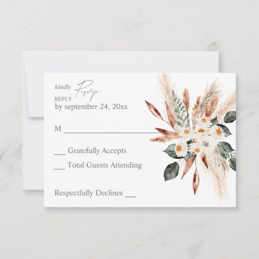 Boho Copper Leaf & Pampas & Beige Floral RSVP Karte (Vorderseite)