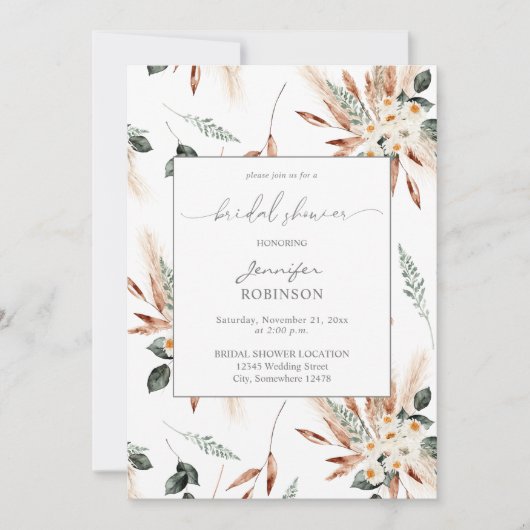 Boho Copper Pampas & Beige Brautparty Einladung (Vorderseite)