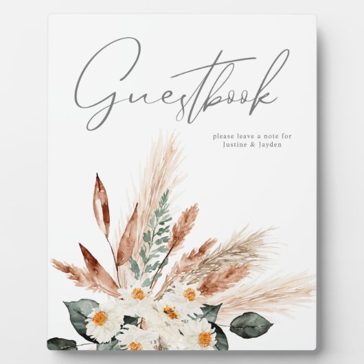 Boho Copper Pampas & Beige Floral Guestbook Plaque Fotoplatte (Vorderseite)