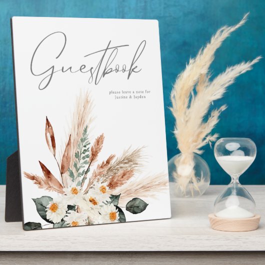 Boho Copper Pampas & Beige Floral Guestbook Plaque Fotoplatte (Seite)