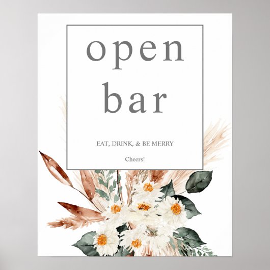 Boho Copper Pampas & Beige Floral Open Bar Sign 1 Poster (Vorne)