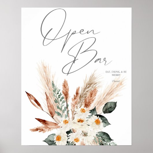 Boho Copper Pampas & Beige Floral Open Bar Sign 2 Poster (Vorne)