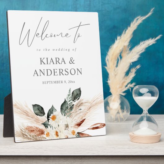 Boho Copper Pampas & Beige Floral Welcome Plaque Fotoplatte (Seite)