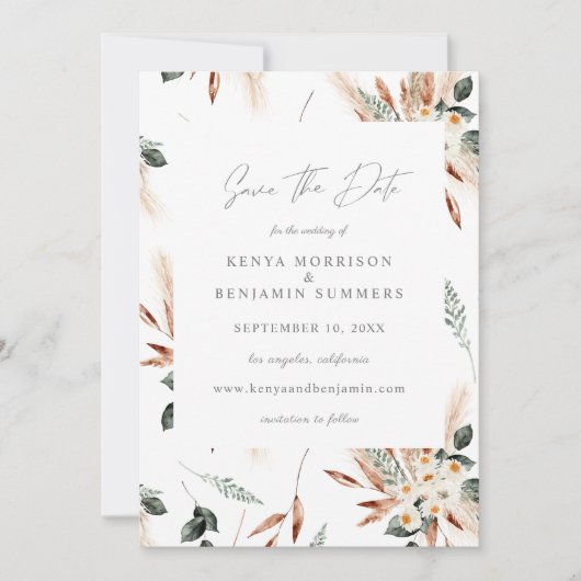 Boho Copper & Pampas & Floral Save the Date Einladung (Vorderseite)