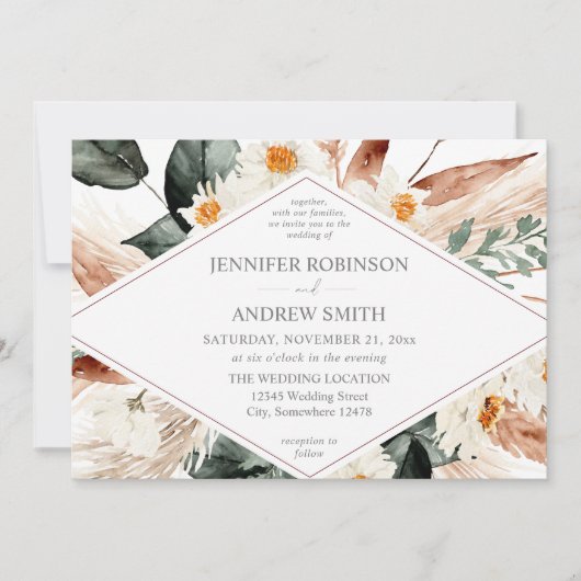 Boho Copper Pampas Grass & Beige Blumenhochzeit Einladung (Vorderseite)