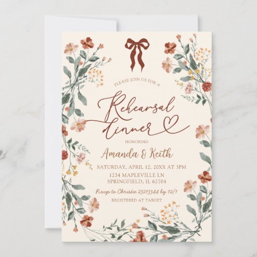 Boho Coquette Bow Wildblume Probe Abendessen Einladung (Vorderseite)