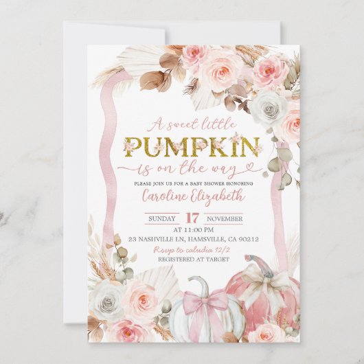 Boho Coquette Pink Pumpkin Baby Dusche Einladung (Vorderseite)