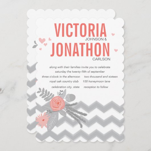 Boho Coral Navy Gray Zickzack Typografy Wedding Einladung (Vorne/Hinten)