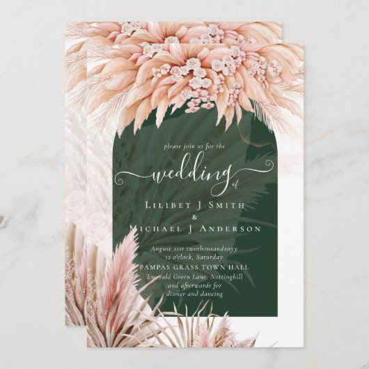 Boho Coral Pampas Grass Green Wedding Einladung (Vorne/Hinten)