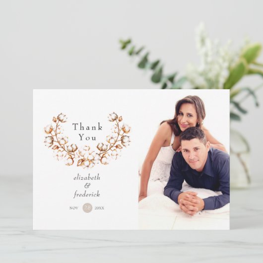 Boho Cotton Wedding Foto Dankeskarte (Stehend Vorderseite)