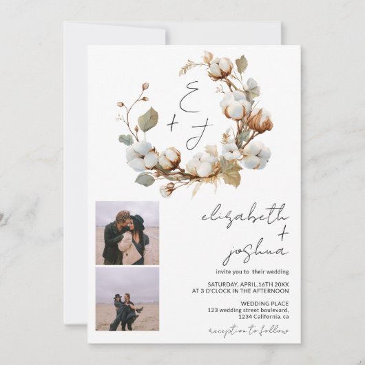 Boho Cotton Wreath Foto Rustic Initials Wedding Einladung (Vorderseite)