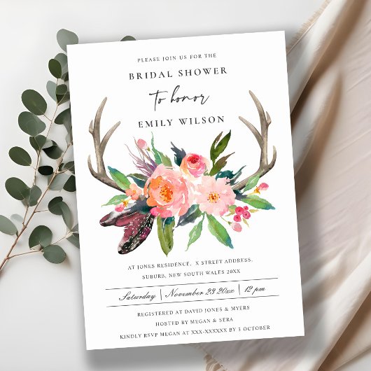 BOHO COUNTRY BLUSH ANTLER FLORAL BRIDAL SHOWER EINLADUNG