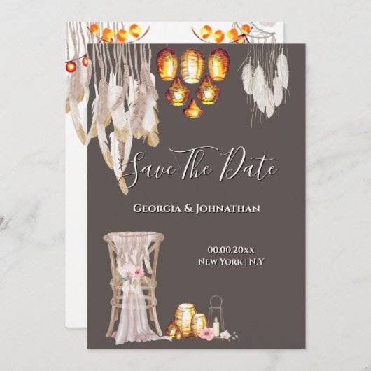 Boho Country Makrame Laternenleuchten federn chtig Save The Date (Vorne/Hinten)