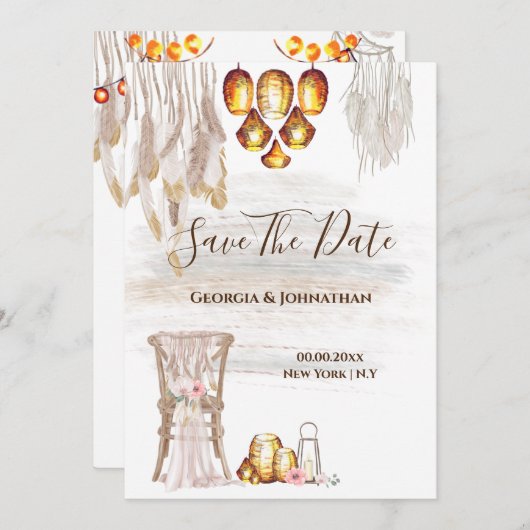 Boho Country Makrame Lichter fether Laterne Save The Date (Vorne/Hinten)