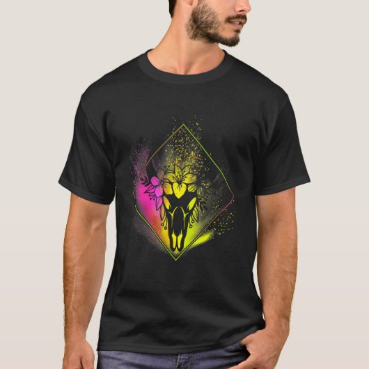 Boho Cow Skull Flowers Diamond Pink And Yellow Spl T-Shirt (Vorderseite)