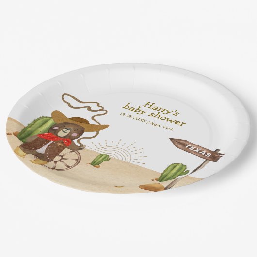 Boho Cowboy Bear Western Rodeo Cactus Baby Shower Pappteller (Schrägansicht)
