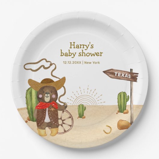Boho Cowboy Bear Western Rodeo Cactus Baby Shower Pappteller (Vorderseite)