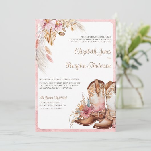 Boho Cowboy Boots Western Hochzeitseinladung Einladung (Stehend Vorderseite)
