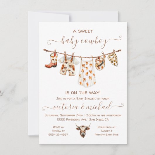 Boho Cowboy Clothesline Babydusche Einladung (Vorderseite)