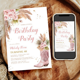 Boho Cowgirl Boot Pampas Grass Rose 40. Geburtstag Einladung