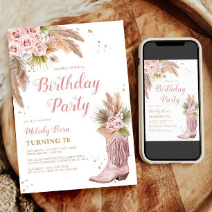 Boho Cowgirl Boot Pampas Grass Rose 70. Geburtstag Einladung