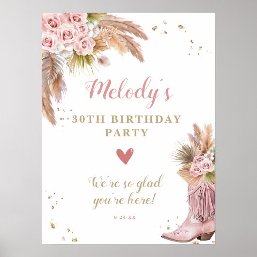 Boho Cowgirl Boot Pampas Grass Rose Willkommen Poster (Vorne)