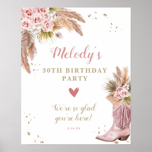Boho Cowgirl Boot Pampas Grass Rose Willkommen Poster (Vorne)