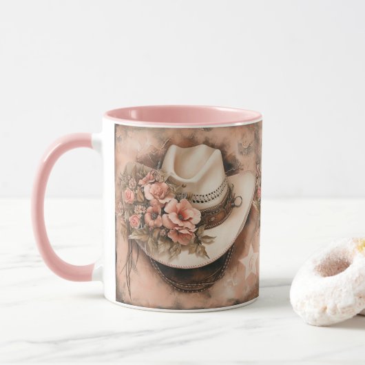 Boho Cowgirl Hut & Lachs Blume Tasse (Mit Donut)
