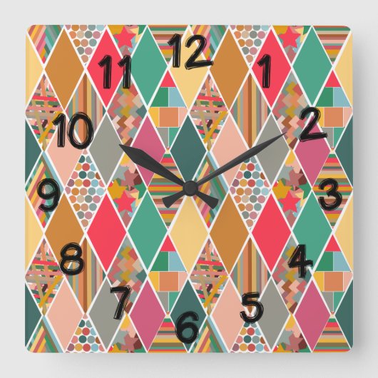 Boho Crazy Quilt Quadratische Wanduhr (Vorderseite)