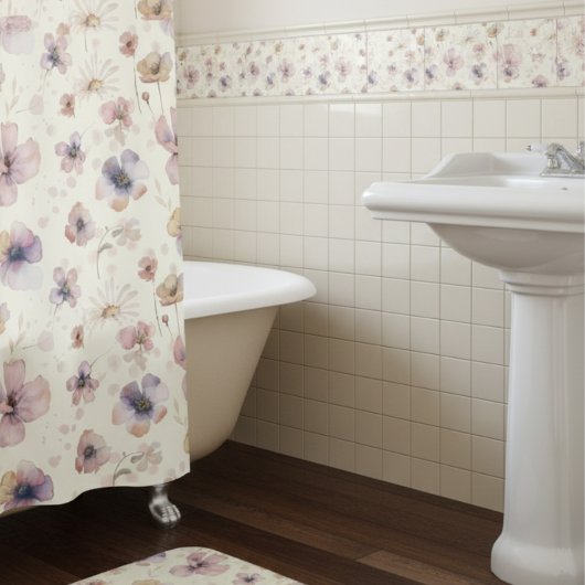 Boho Cream Blush Watercolor Wildflower Duschvorhang