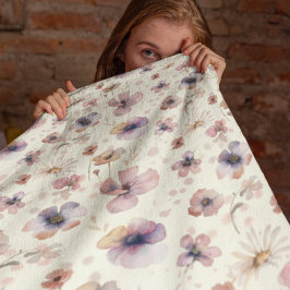 Boho Cream Blush Watercolor Wildflower Fleecedecke