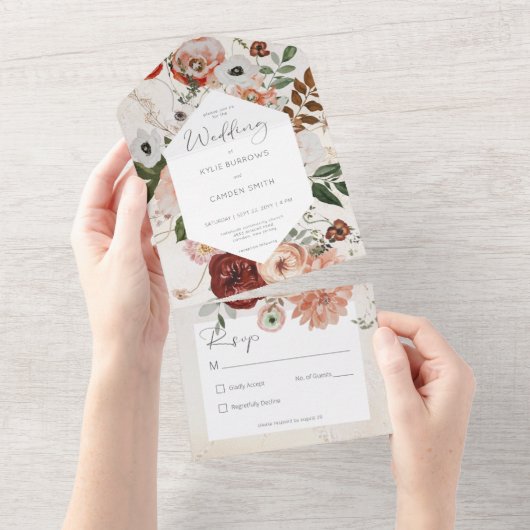 Boho Cream Burgundy Fall Floral No Dinner All In One Einladung (Abreißen)