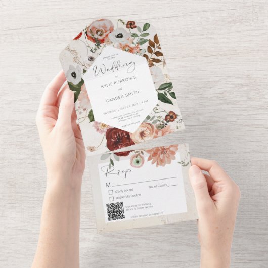 Boho Cream Burgundy Fall Floral QR-Code All In One Einladung (Abreißen)