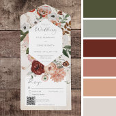 Boho Cream Burgundy Fall Floral QR-Code All In One Einladung