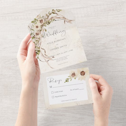 Boho Cream Daisies & Trockengras Kein Abendessen All In One Einladung (Abreißen)