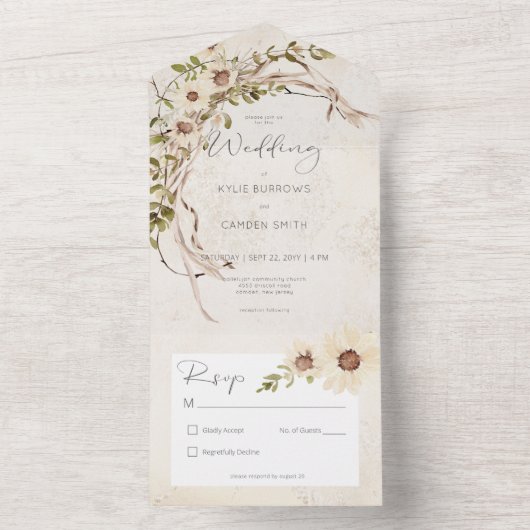 Boho Cream Daisies & Trockengras Kein Abendessen All In One Einladung (Innen Boden)